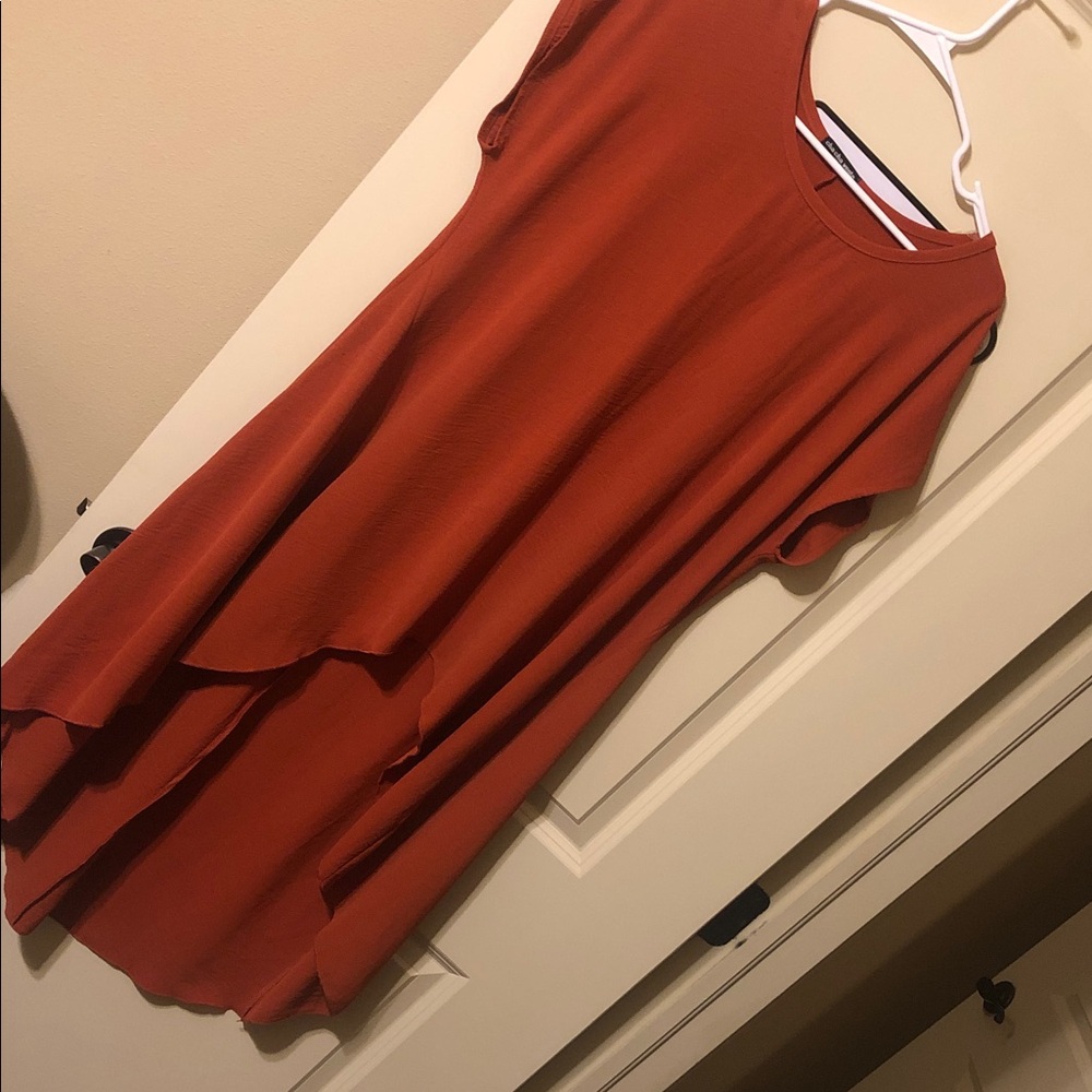 cha cha vente Rust Tiered Asymmetrical Sleeveless Dress